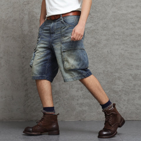 Men's Washed Striped Cargo Denim Shorts