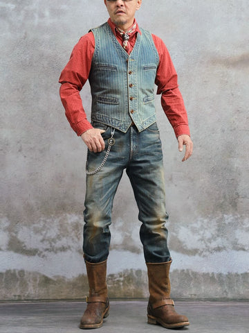 Men's Washed Blue Striped Denim Vest