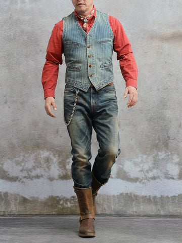 Men's Washed Blue Striped Denim Vest