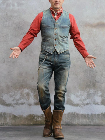 Men's Washed Blue Striped Denim Vest
