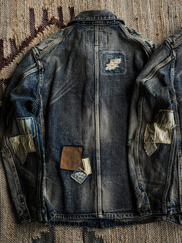Men's Washed Distressed Patchwork Denim Barn Jacket