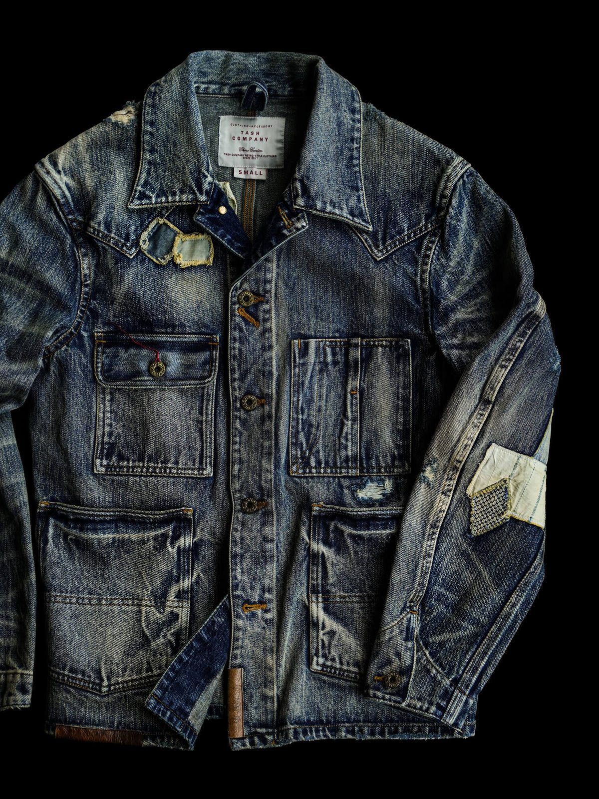 Men's Washed Distressed Patchwork Denim Barn Jacket