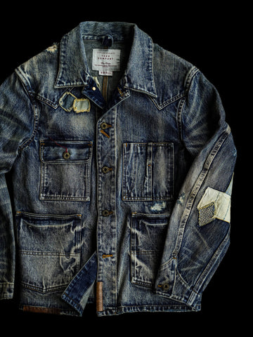 Men's Washed Distressed Patchwork Denim Barn Jacket