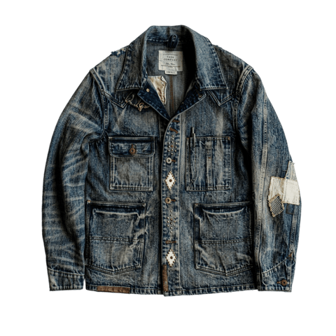 Men's Washed Distressed Patchwork Denim Barn Jacket