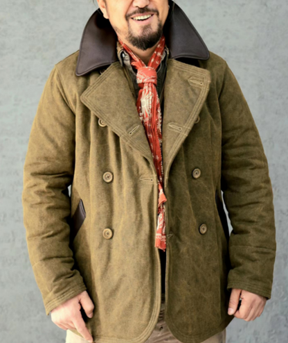 Men's Pea Coat Leather Patchwork