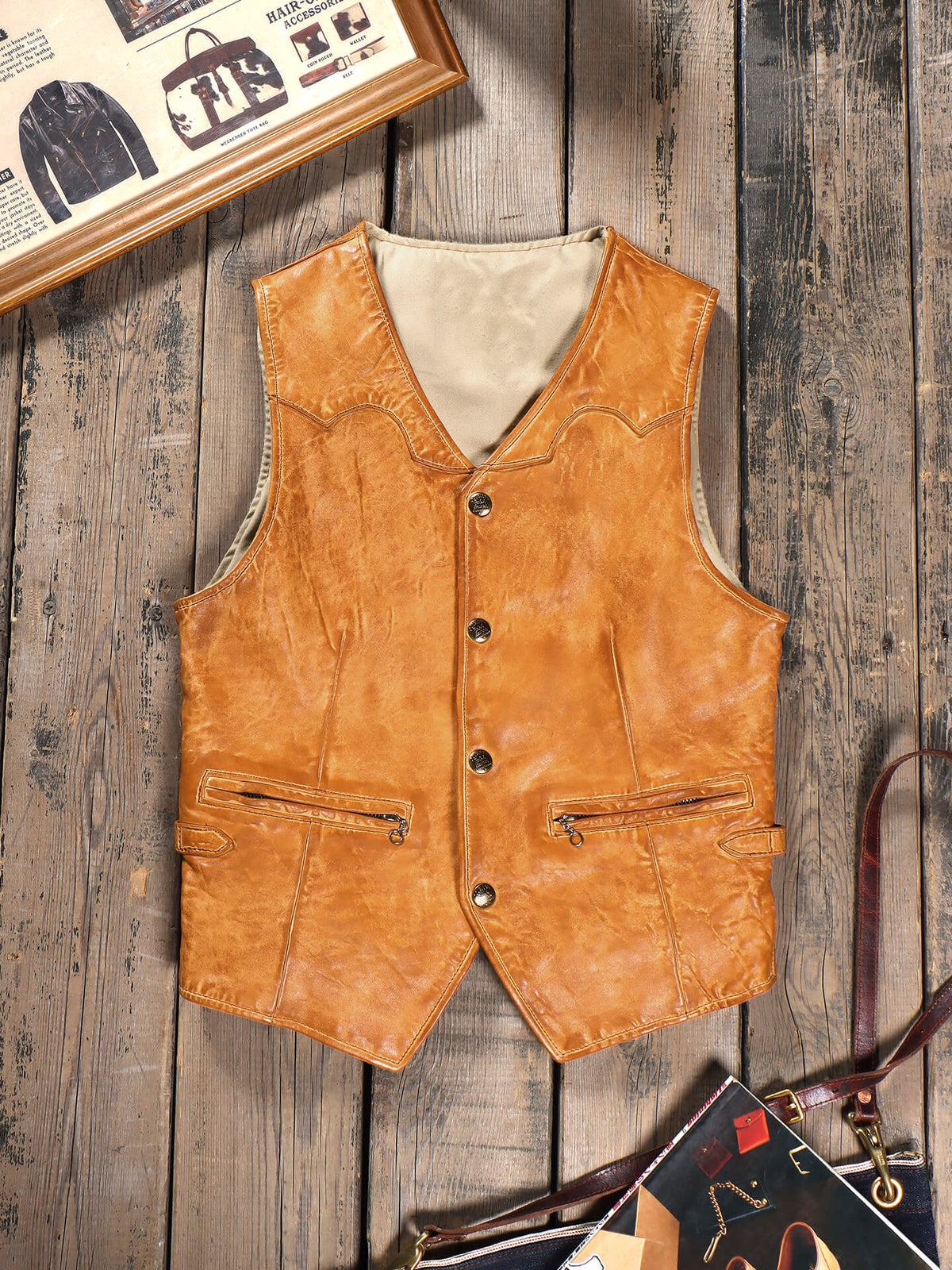 Men's Western Leather Vest, Vintage Tan
