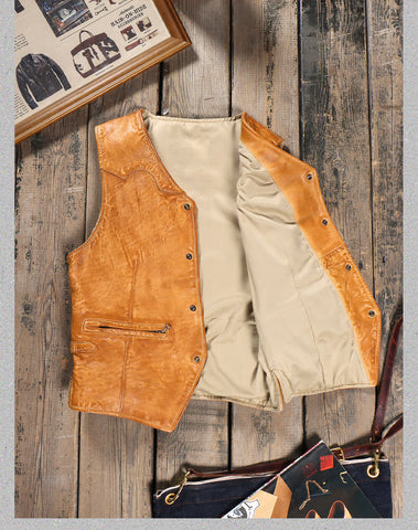 Men's Western Leather Vest, Vintage Tan