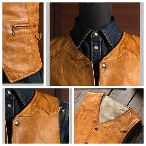 Men's Western Leather Vest, Vintage Tan