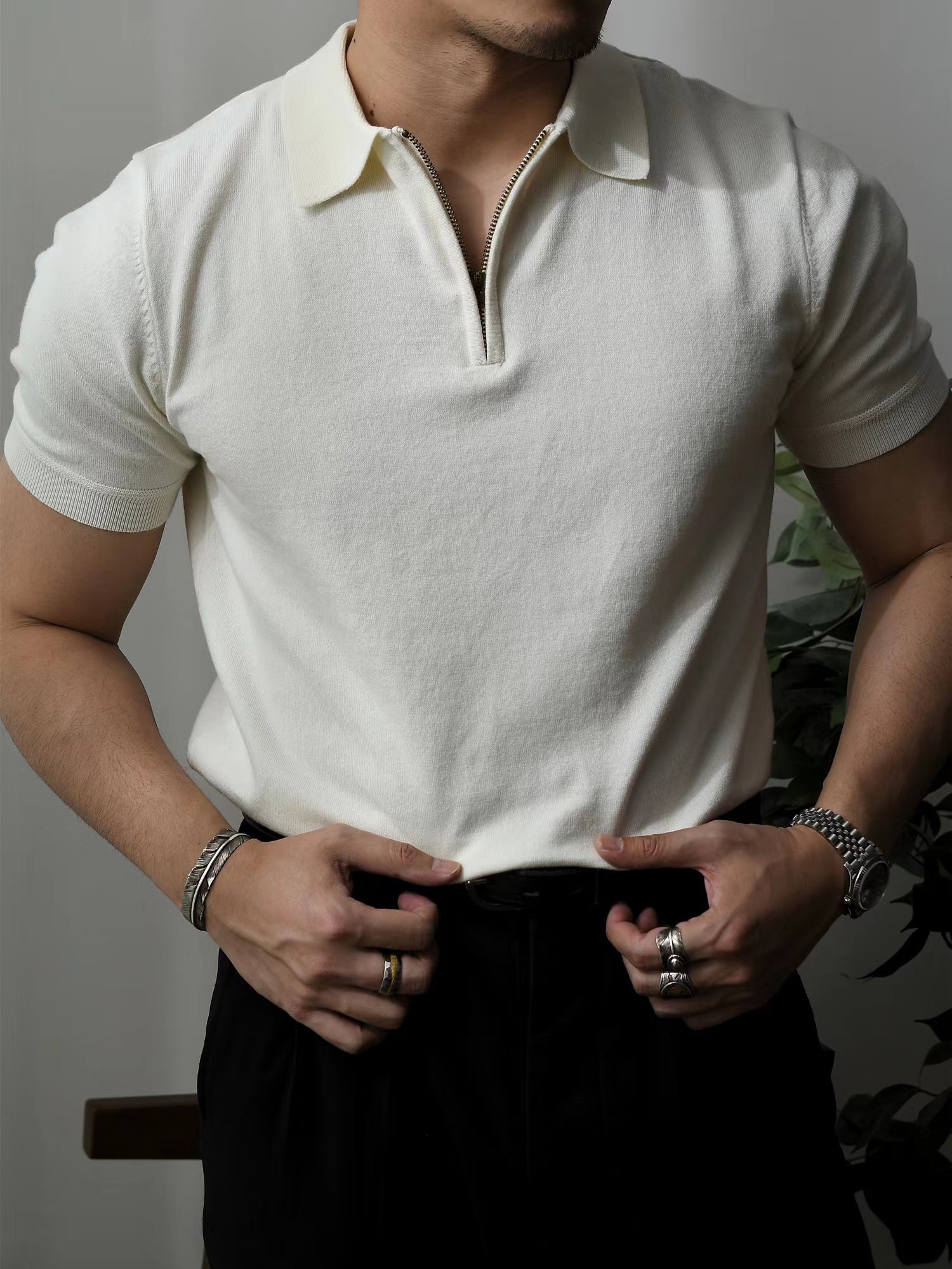 Men's Zipper Collar Polo Shirt S / Beige Men's Zipper Collar Polo Shirt S / Beige