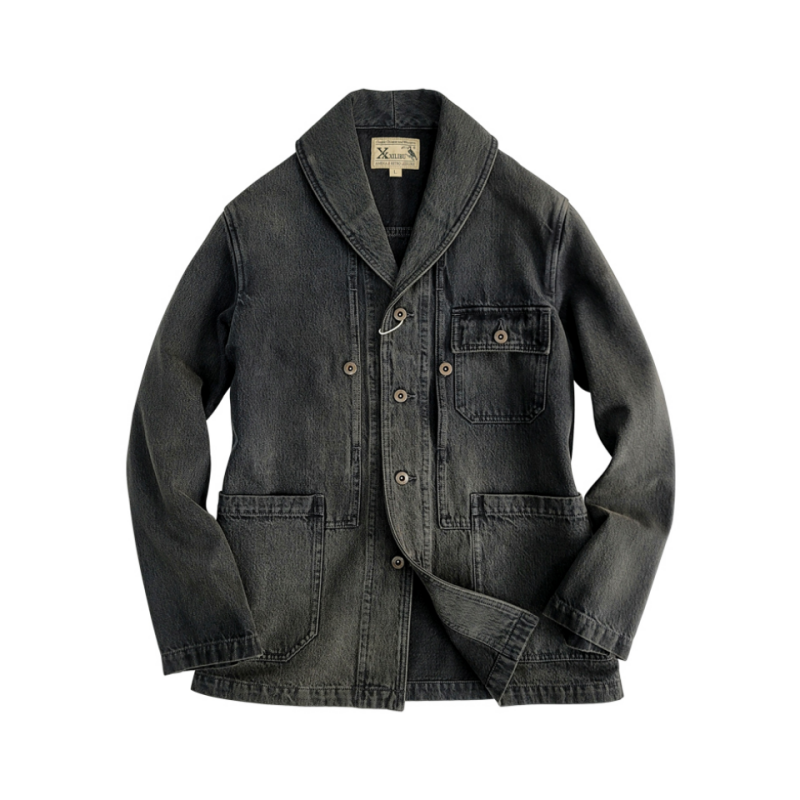 Veste en jean à col châle noir anthracite pour homme