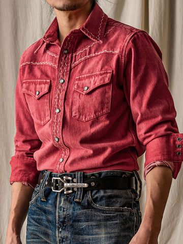Men's Washed Western Shirt, Coral Red