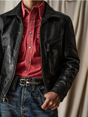 Men's Washed Western Shirt, Coral Red