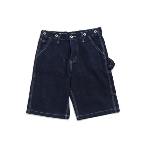 A pair of men's denim shorts with multiple pockets and a button-up front.