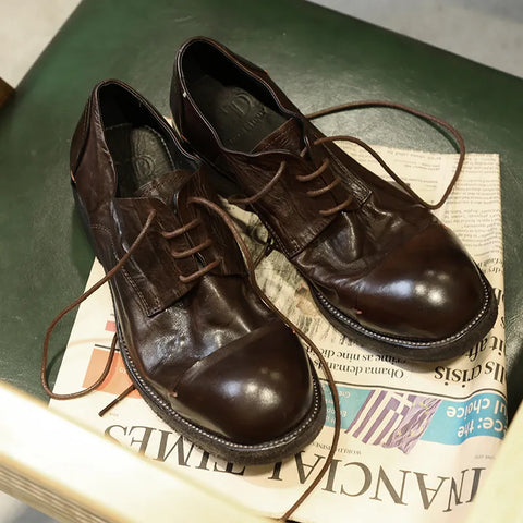 メンズ ダメージ加工 プリーツ ダービー レザー シューズ