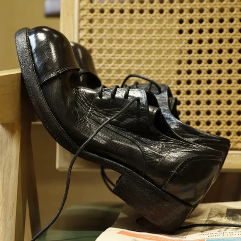 メンズ ダメージ加工 プリーツ ダービー レザー シューズ