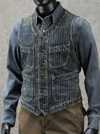 Gilet en denim délavé à rayures et col en V pour homme