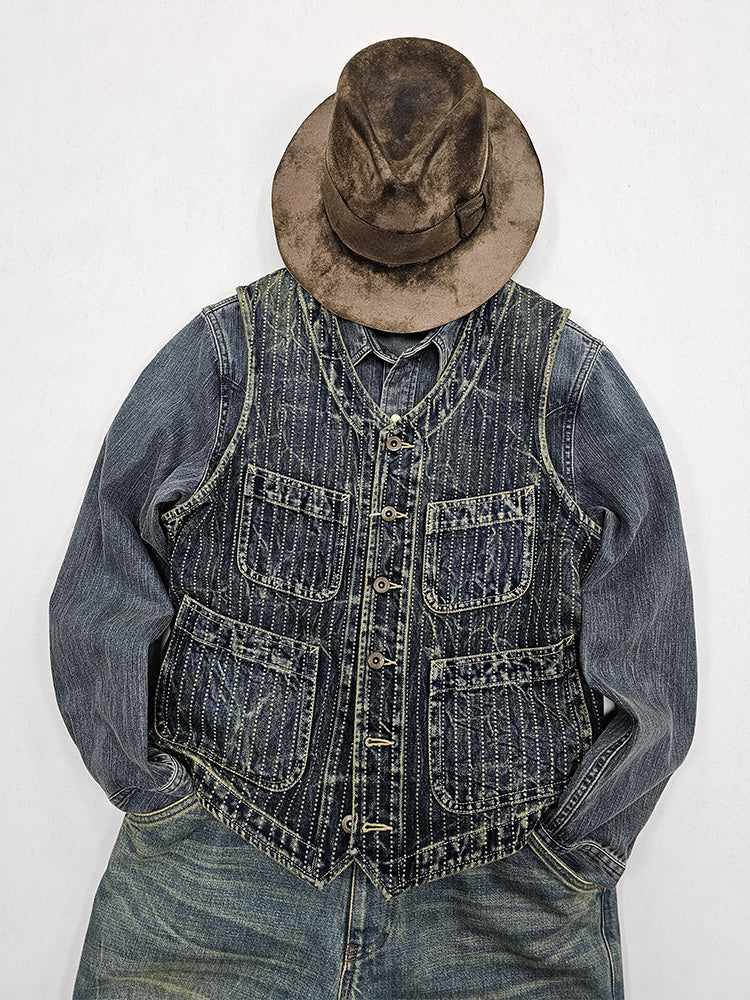 Gilet en denim délavé à rayures et col en V pour homme