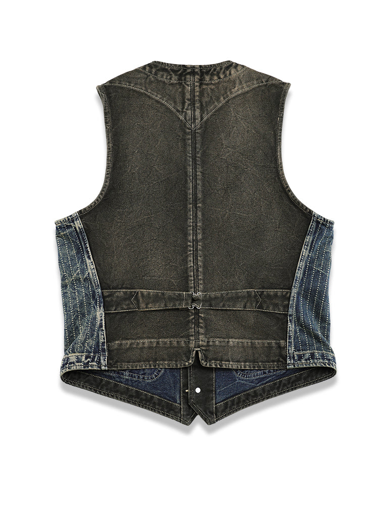 Gilet en denim délavé à rayures et col en V pour homme