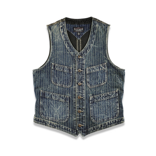 Distressed Discharge Print Striped  V-neck Denim Vest