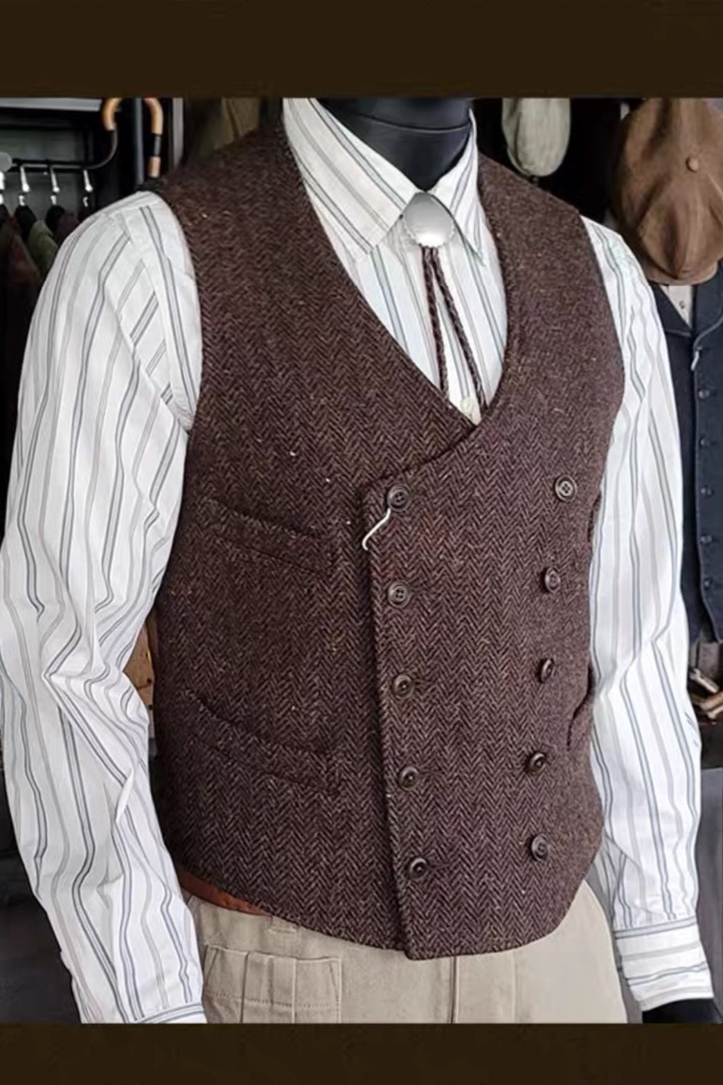 Gilet croisé en tweed rouge marron pour homme