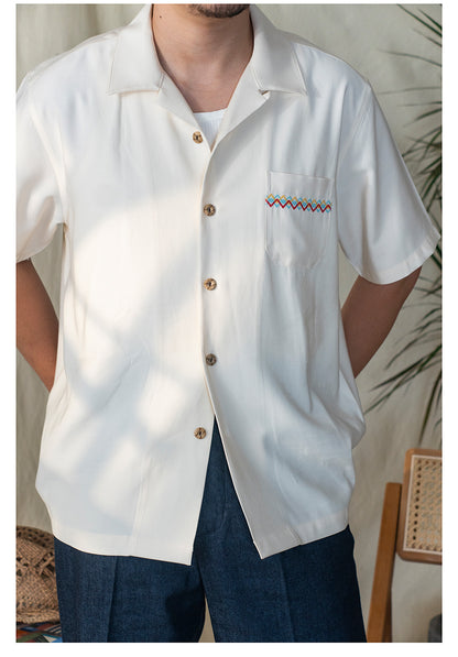 Men's Cactus Embroidery Cuban Collar Shirt