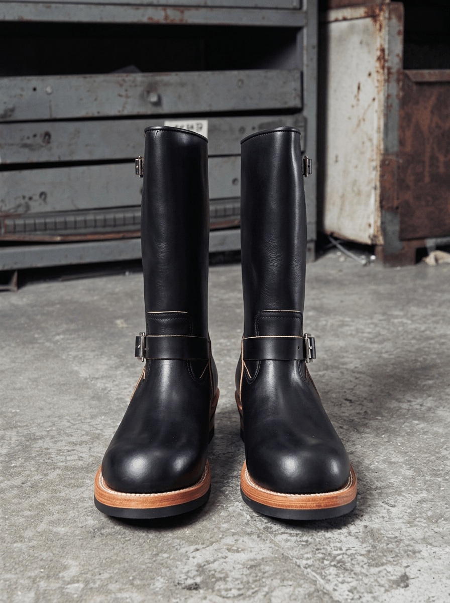 A pair of black leather mid-calf boots with buckle straps and tan soles, photographed standing upright on a concrete floor in front of industrial metal drawers.