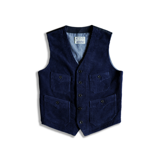 Gilet en velours côtelé à col en V teint indigo pour homme