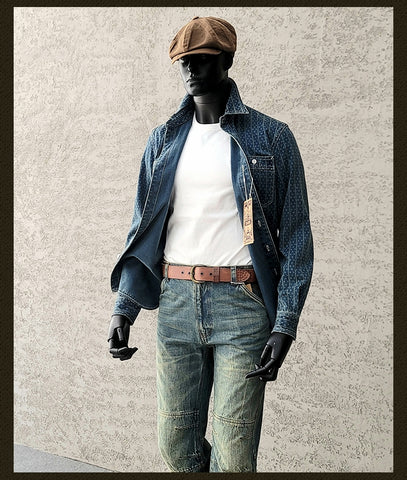 メンズ ジャカード インディゴ染め ウエスタンデニムシャツ