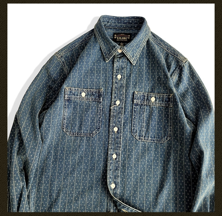 Men's Jacquard Indigo Dyeing Western Denim Shirt