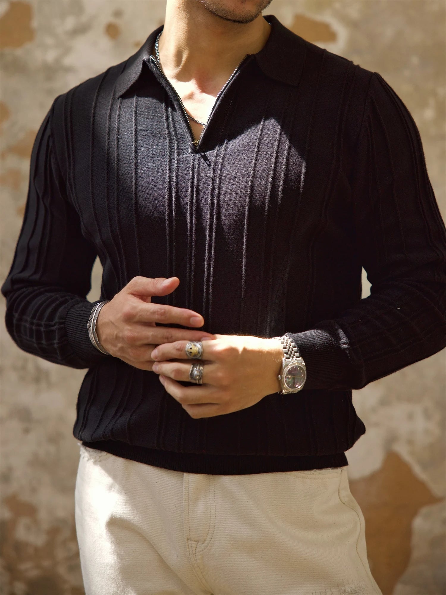Zip Placket Inner Men's Ribbed Zip Placket Polo Shirt – Crush on Retro