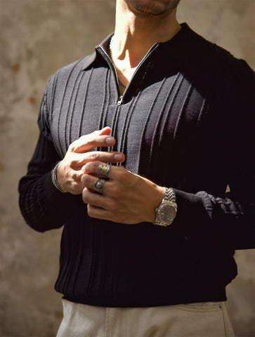 メンズ リブ ジップ プラケット ポロシャツ