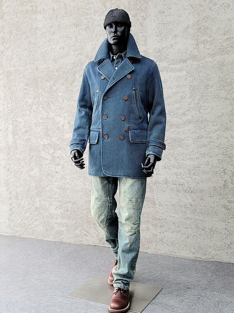 Manteau sashiko croisé indigo pour homme