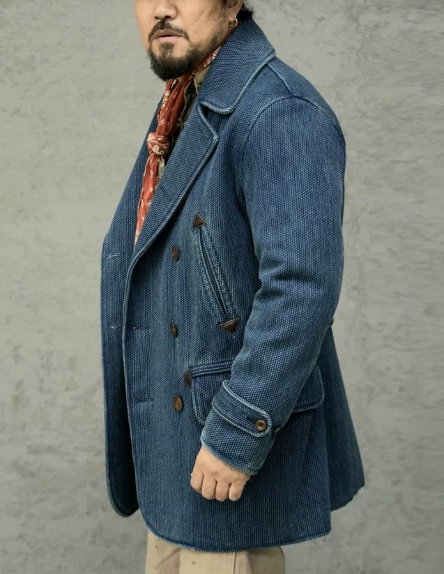 Manteau sashiko croisé indigo pour homme