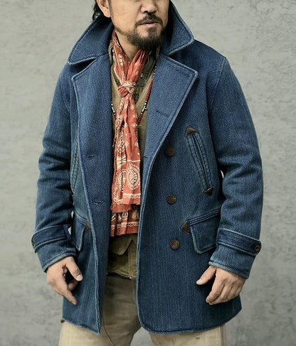 Manteau sashiko croisé indigo pour homme