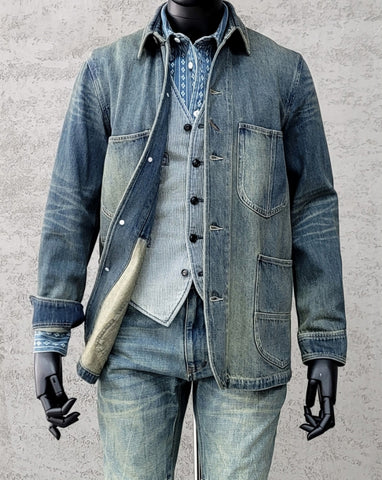 Men's Washed Blue Sashiko V-neck Vest