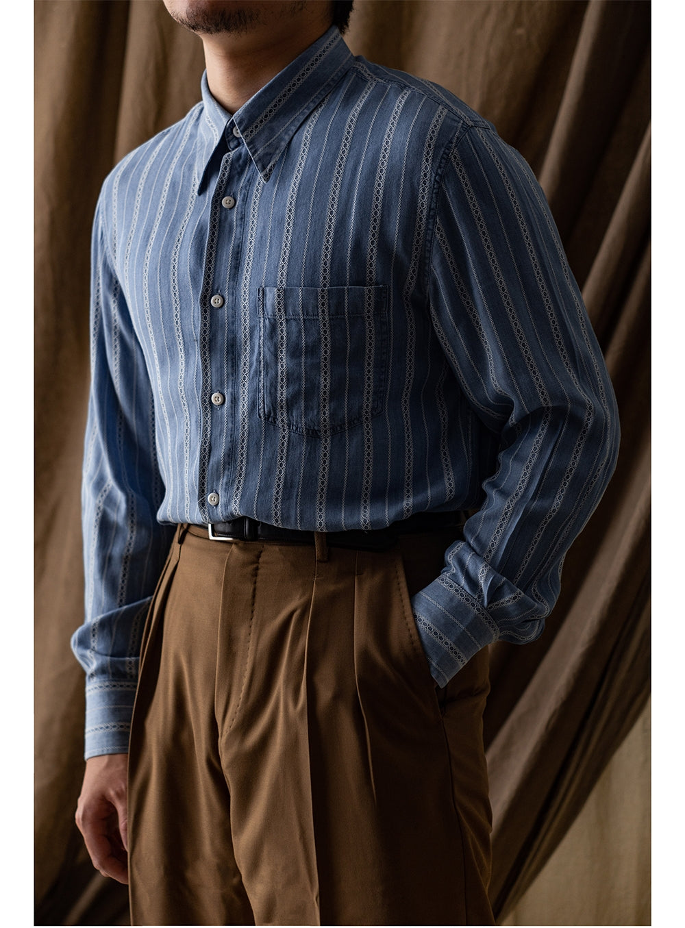 メンズ ジャカード ストライプ 長袖 デニムシャツ