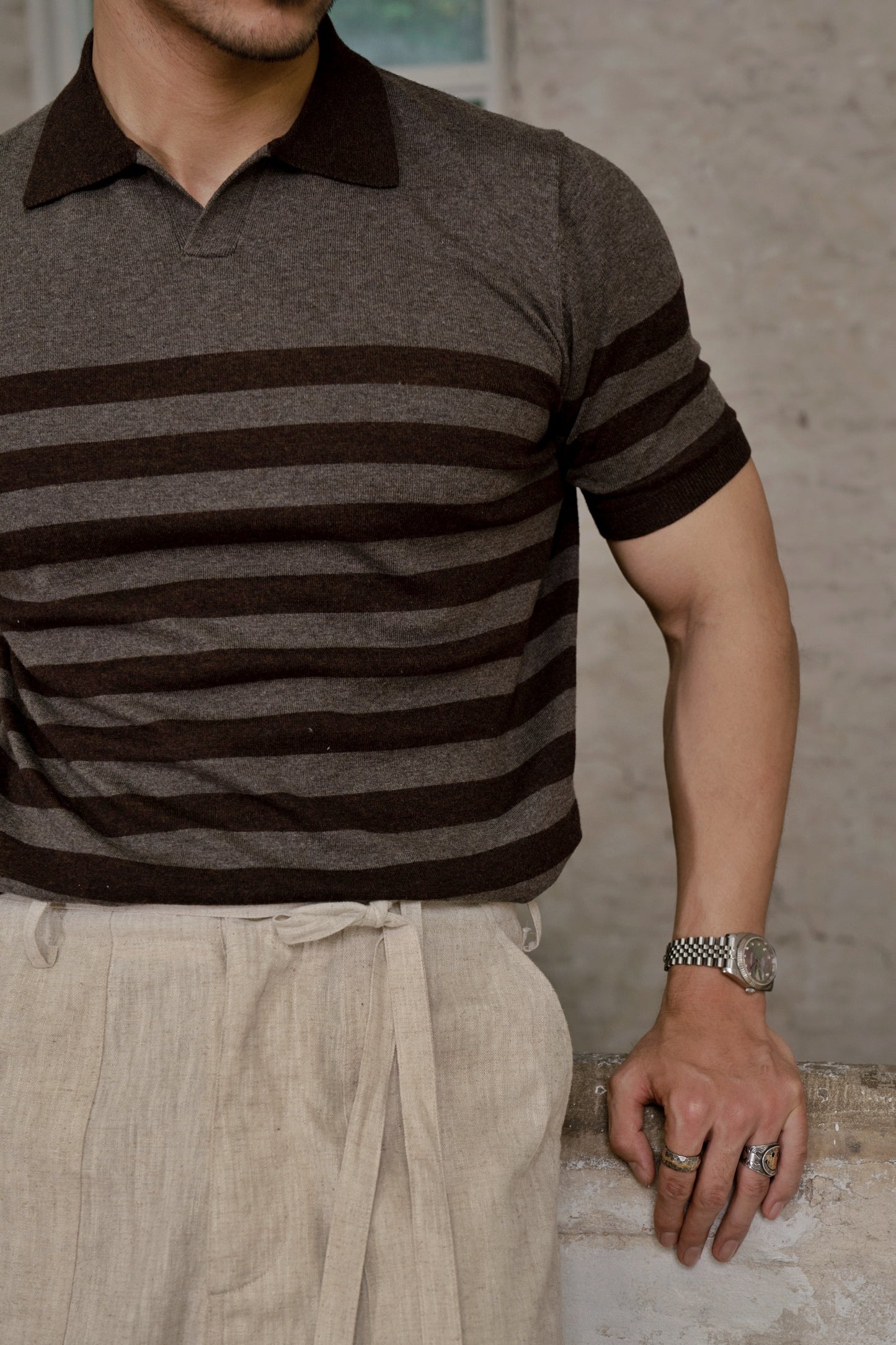 Men's Striped Polo Shirt Open Collar