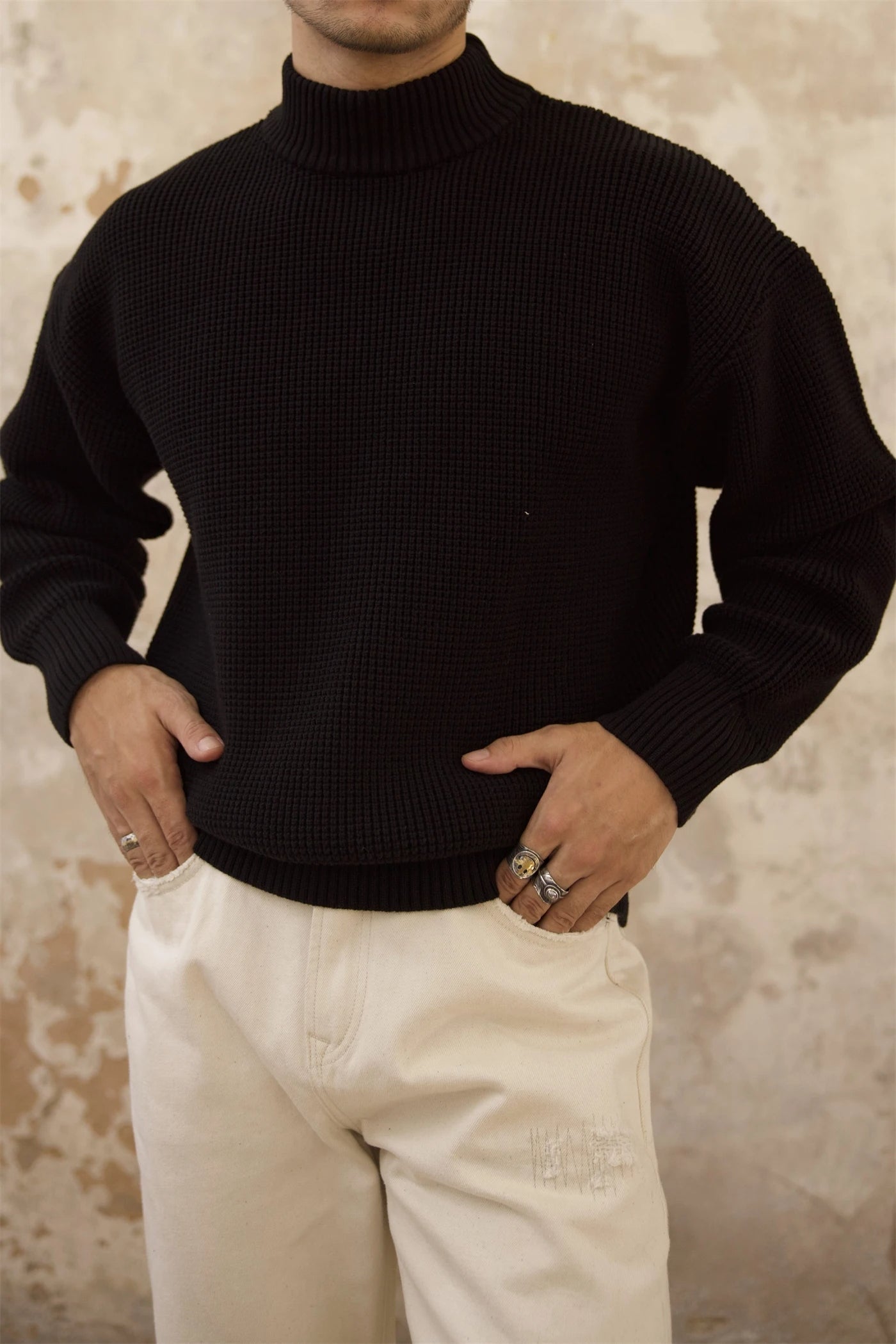 Men's Waffle Pattern Crew Neck Pullovers