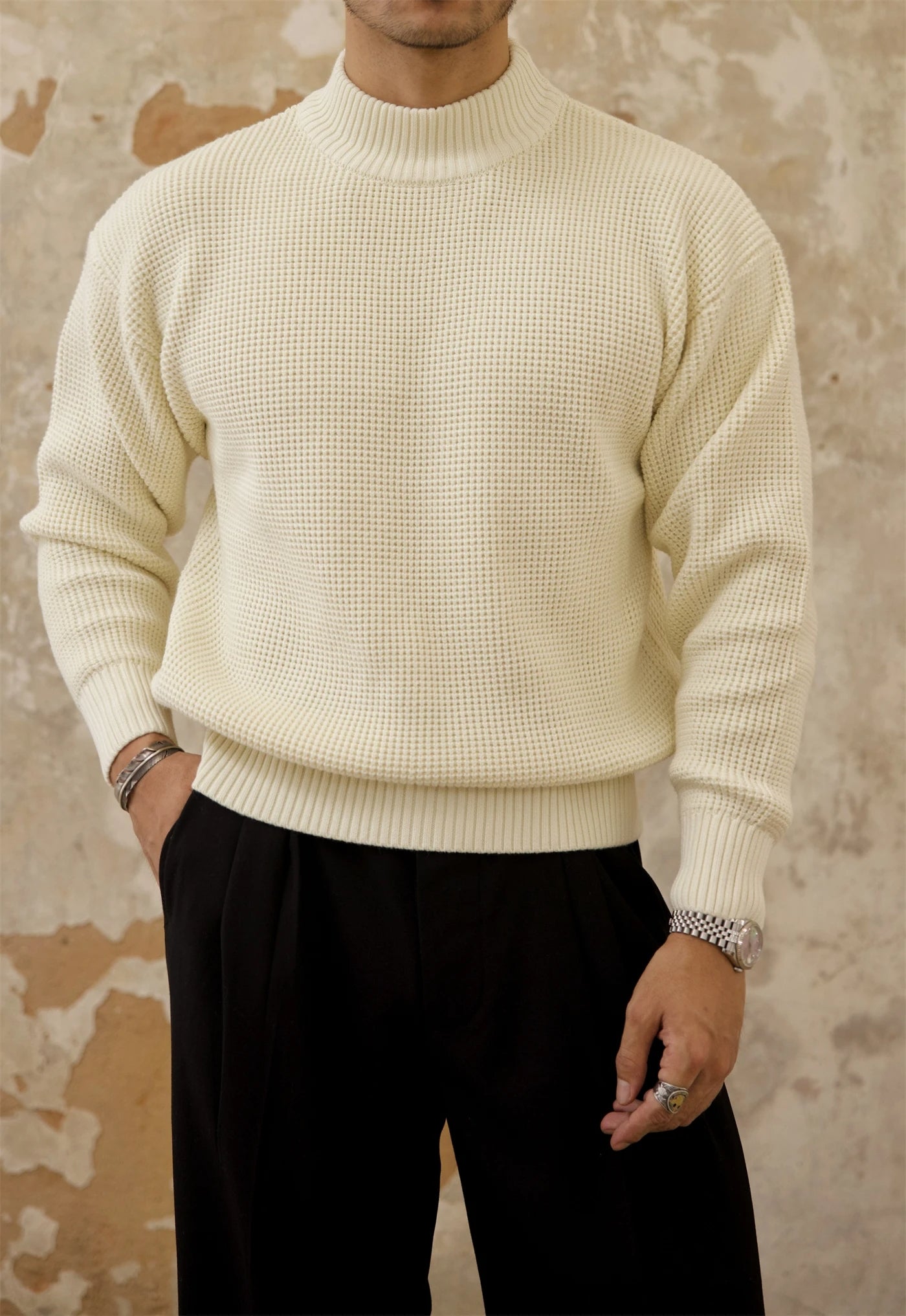 Men's Waffle Pattern Crew Neck Pullovers